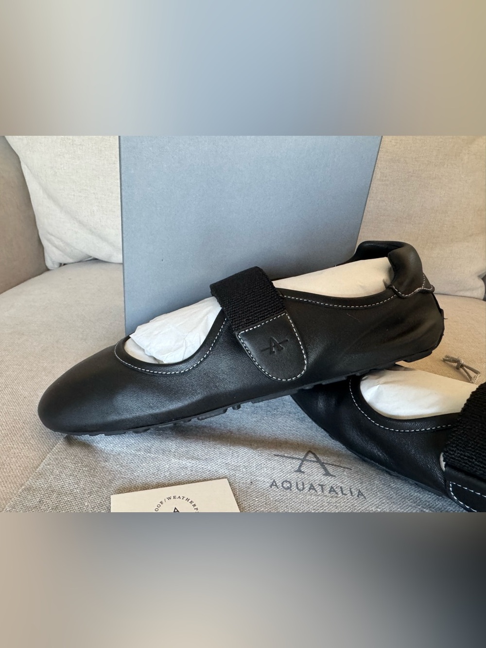 Aquatalia Black Italian Leather Quero Mary Jane Flats Sz 8 - Picture 2 of 14